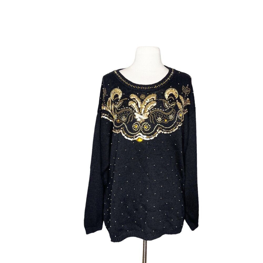 Vintage 80s Victoria Harbour Size Medium‎ Sweater Sequined Beaded Black Gold